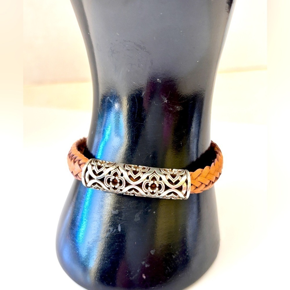 Brighton Interlok Trellis Leather Bracelet brown with a silver-plated accent.